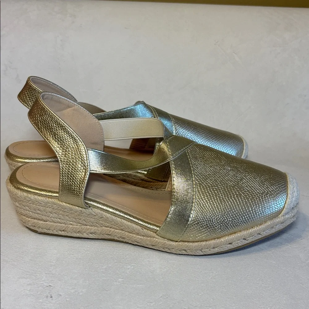 Elegant Gold Women's Slingback Espadrilles, elastic strap, 2” wedge, size 41, 10